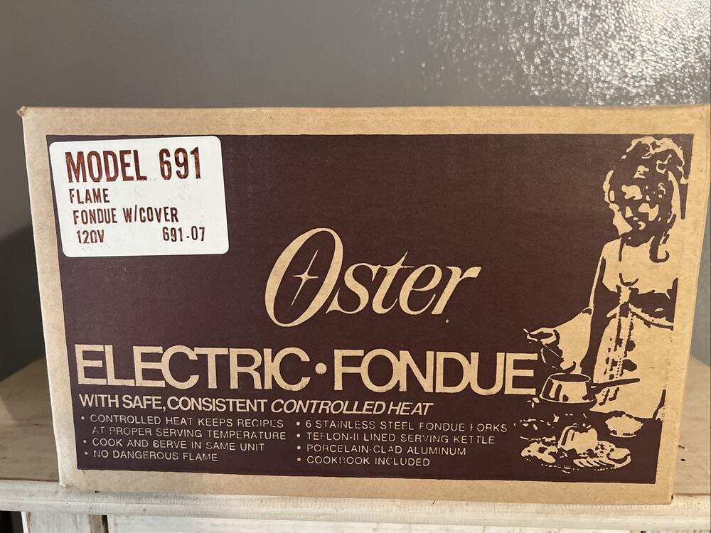 Vintage Oster Electric Fondue set, Model 691, in a "Flame" New Unopened Box NOS